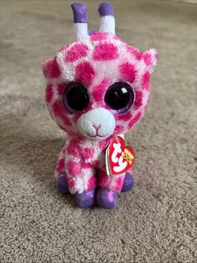Ty Pink Giraffe Beanie Boo Plush with Purple Accents